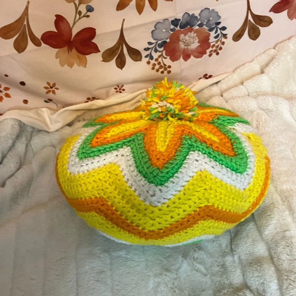 VTG Crochet Handmade Hippie Boho Yellow Green White Pom Decor Throw Neon Pillow